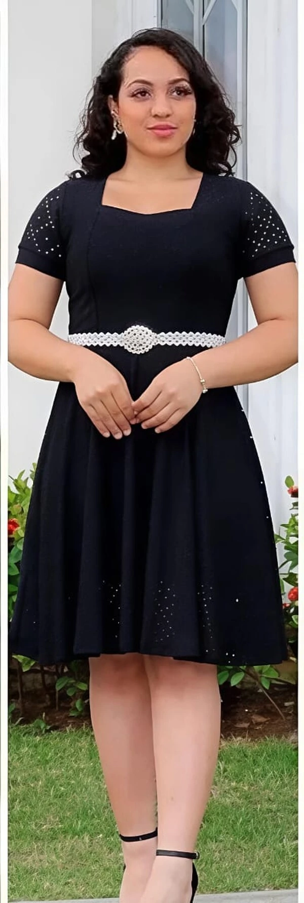 Vestido Evangélica Com Detalhe Na Gola Saia Rodado Forrado Tendência Tecido Lesser EMVIO IMEDIATO