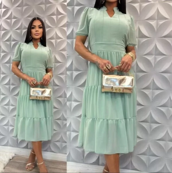 Vestido Evangelico Midi Tecido Chiffon Elastex na Costa Moda Casual Verão 2026