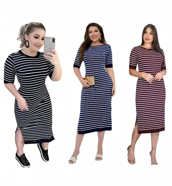Vestido Listrado Estilosa Confortável Com Detalhe Lisa Na Manga e Na Barra EMVIO INMEDIATO