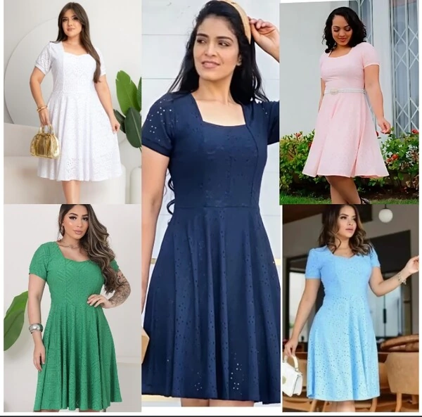 Vestido Evangélica Com Detalhe Na Gola Saia Rodado Forrado Tendência Tecido Lesser EMVIO IMEDIATO