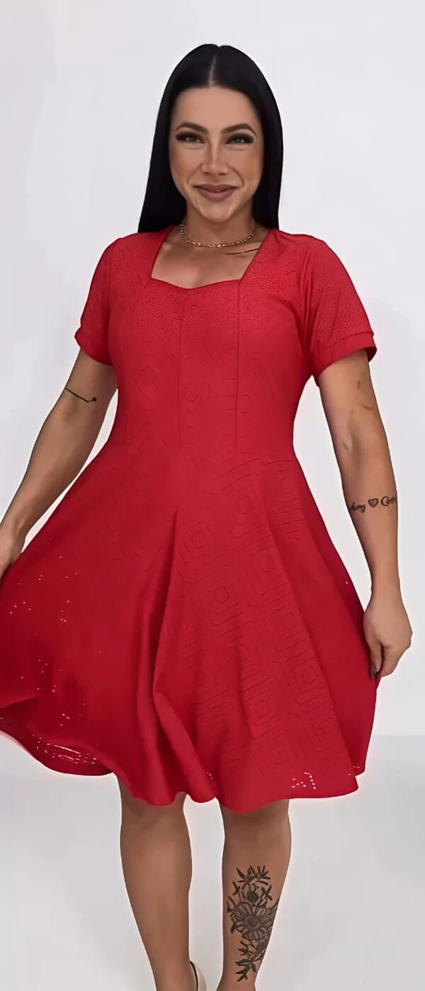 Vestido Evangélica Com Detalhe Na Gola Saia Rodado Forrado Tendência Tecido Lesser EMVIO IMEDIATO