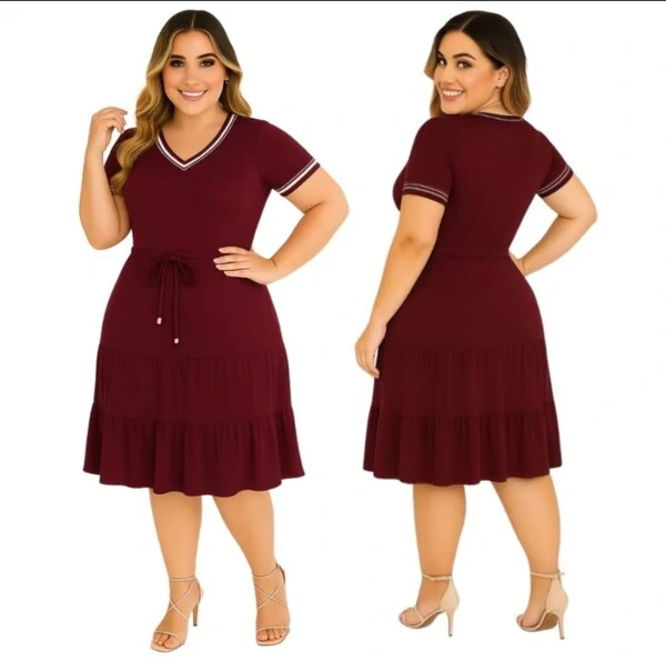 Vestido Midi Feminino Tecido Viscolycra Detalhe Listrado e Cordão para Regular, Moda Verão Primavera