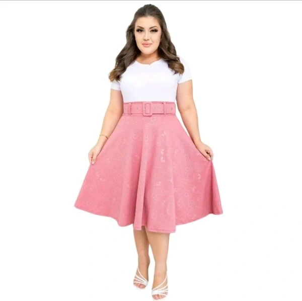 Saia Midi Feminina Jakuar 3D com Cinto Ajustável Tecido Encorpado Elegante Moda Casual