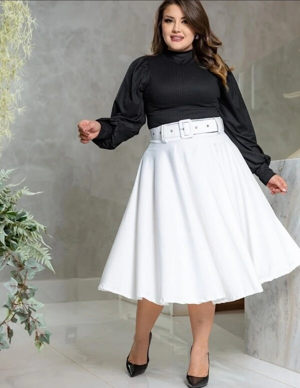 Saia Midi Feminina Jakuar 3D com Cinto Ajustável Tecido Encorpado Elegante Moda Casual