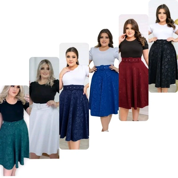 Saia Midi Feminina Jakuar 3D com Cinto Ajustável Tecido Encorpado Elegante Moda Casual