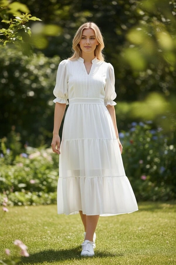 Vestido Evangelico Midi Tecido Chiffon Elastex na Costa Moda Casual Verão 2026