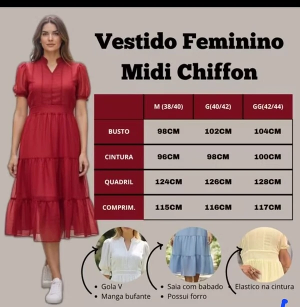 Vestido Evangelico Midi Tecido Chiffon Elastex na Costa Moda Casual Verão 2026