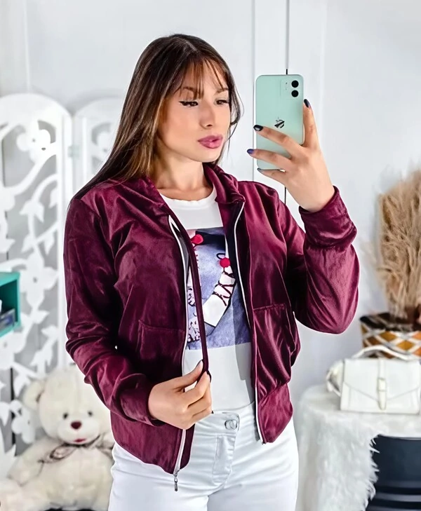 Jaqueta Bomber Tecido Plush Veludo Estilosa Manga Comprida Ziper Frontal Confortavel