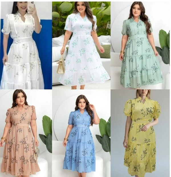 Vestido Evangelico Midi Tecido Chiffon Elastex na Costa Moda Casual Verão 2026