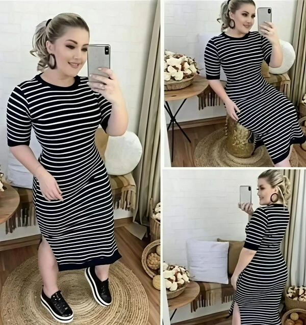 Vestido Listrado Estilosa Confortável Com Detalhe Lisa Na Manga e Na Barra EMVIO INMEDIATO