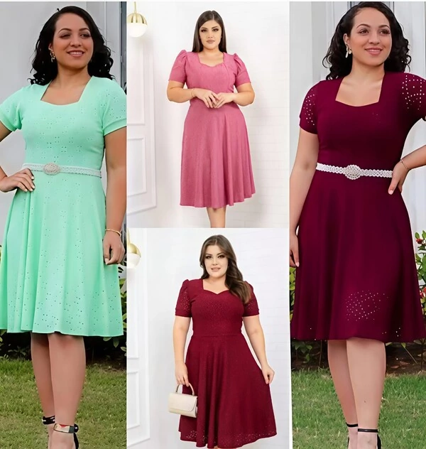 Vestido Evangélica Com Detalhe Na Gola Saia Rodado Forrado Tendência Tecido Lesser EMVIO IMEDIATO