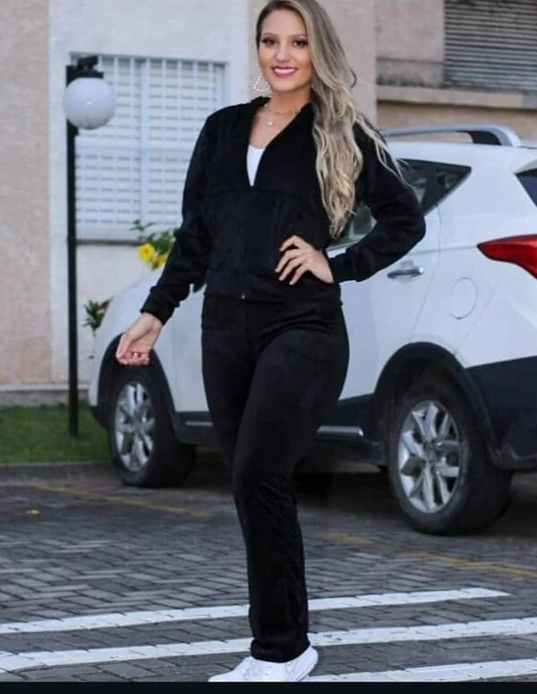 Conjunto Feminino Casaco e Calça Confortavel De Plush Veludo Capuz e Zíper Casual