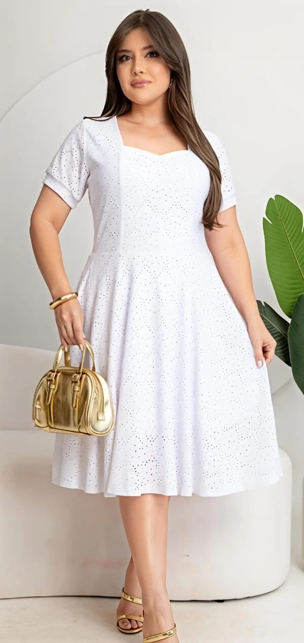 Vestido Evangélica Com Detalhe Na Gola Saia Rodado Forrado Tendência Tecido Lesser EMVIO IMEDIATO