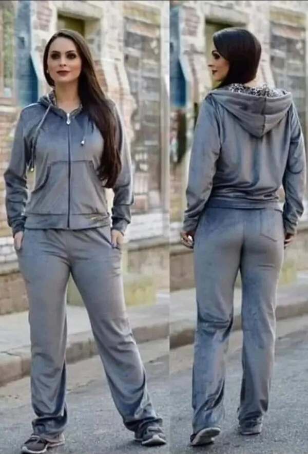 Conjunto Feminino Casaco e Calça Confortavel De Plush Veludo Capuz e Zíper Casual