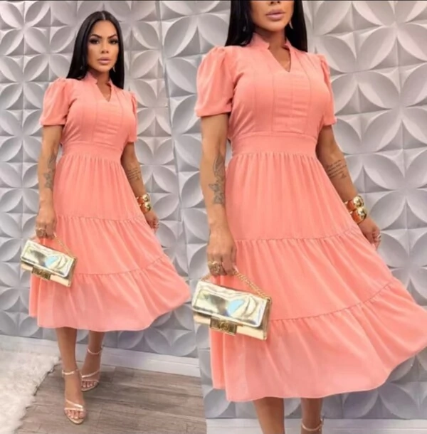 Vestido Evangelico Midi Tecido Chiffon Elastex na Costa Moda Casual Verão 2026