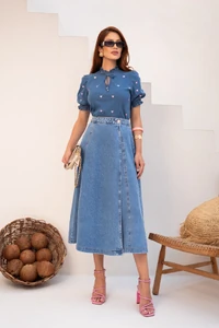 Saia Jeans Midi Transpassada