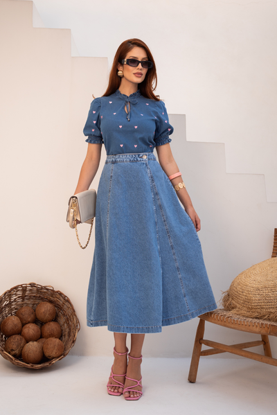 Foto Saia Jeans Midi Transpassada