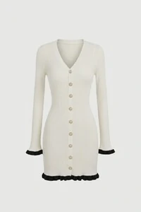 Vestido evasê em tricot canelado e botões frontais Kwi