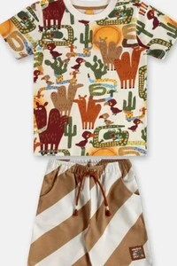 Conjunto camiseta malha e bermuda moletom sem felpa Três e Já