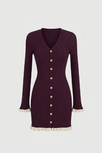 Vestido evasê em tricot canelado e botões frontais Kwi