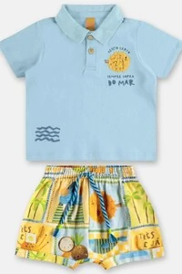Conjunto camisa polo em suedine e short viscolinho Três e Já