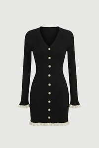 Vestido evasê em tricot canelado e botões frontais Kwi