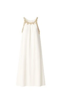 Vestido longo com decote decorado em conchas Kwi