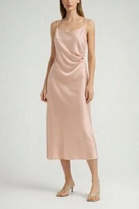 Vestido cetim drapeado cintura Kwi