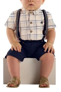 Conjunto body camisa e bermuda em tecido Up Baby