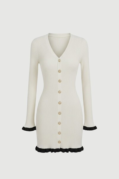 Foto Vestido evasê em tricot canelado e botões frontais Kwi