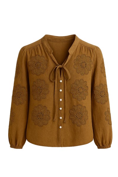 Foto Camisa bordada com gola laço feminina Kwi