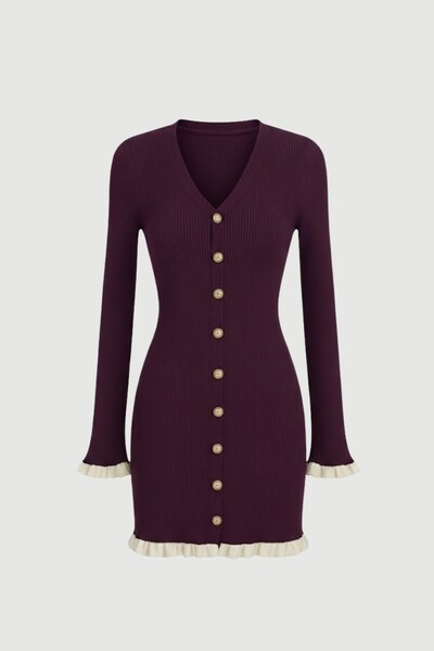 Foto Vestido evasê em tricot canelado e botões frontais Kwi