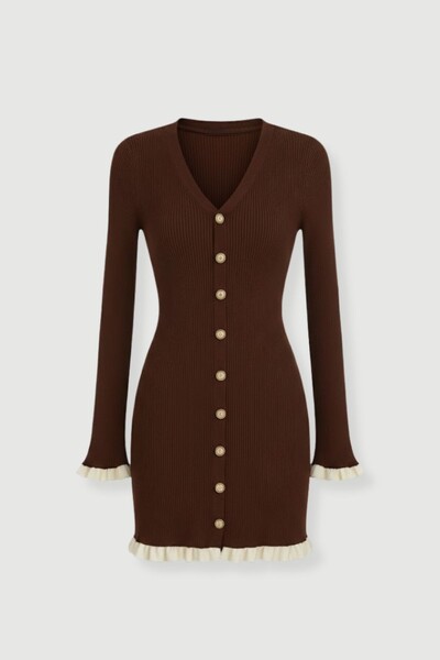 Foto Vestido evasê em tricot canelado e botões frontais Kwi