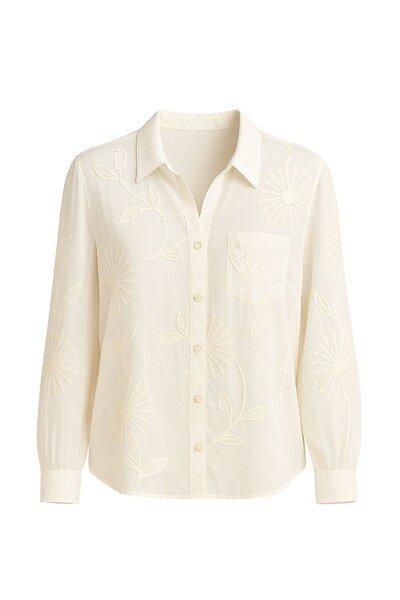 Foto Camisa linho bordada com bolso feminina Kwi