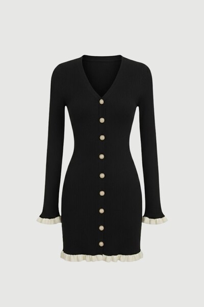 Foto Vestido evasê em tricot canelado e botões frontais Kwi