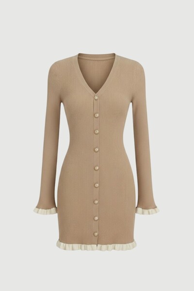 Foto Vestido evasê em tricot canelado e botões frontais Kwi