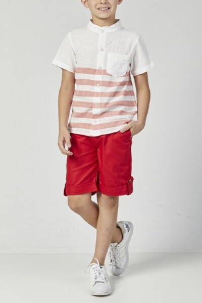 Foto Camisa infantil listrada em branco e vermelho com gola padre Oliver