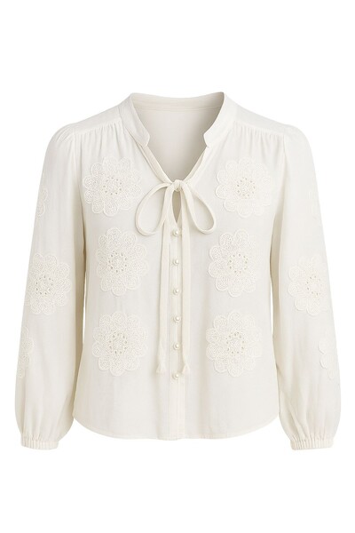 Foto Camisa bordada com gola laço feminina Kwi