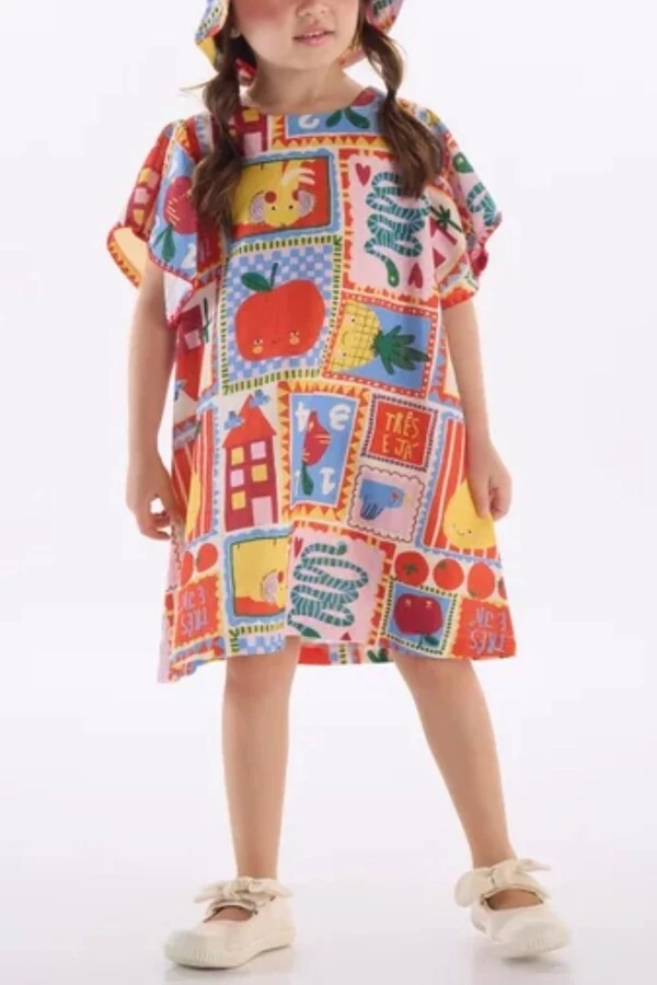 Vestido manga curta em viscolinho Três e Já