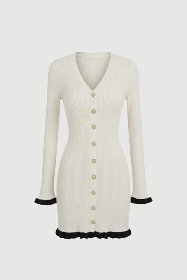 Vestido evasê em tricot canelado e botões frontais Kwi