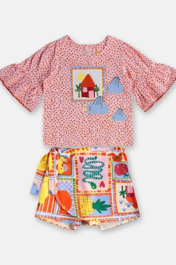 Conjunto blusa malha e short saia viscolinho Três e Já