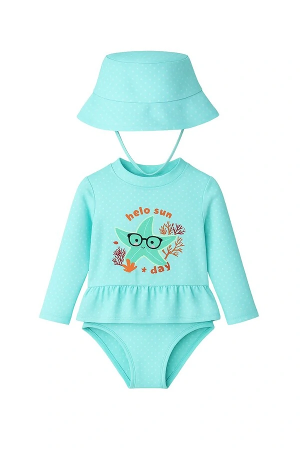Conjunto maiô manga longa com chapéu Kwi