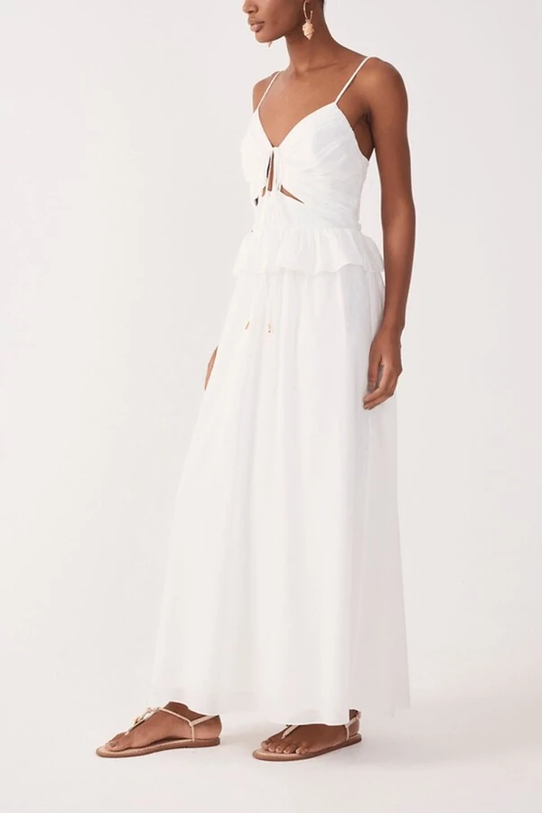 Vestido longo algodão babado cintura Dress to