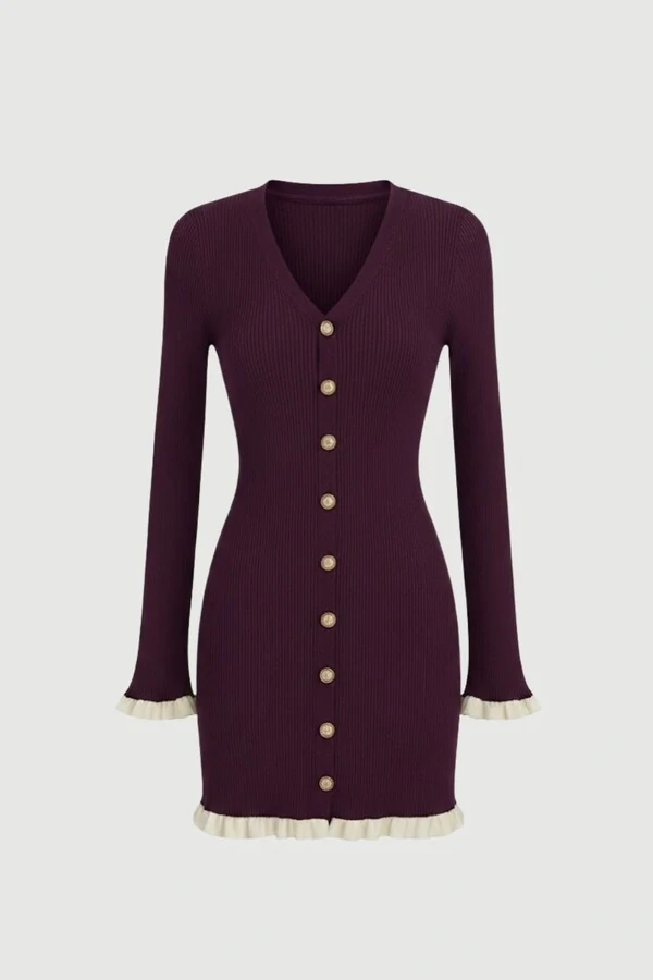 Vestido evasê em tricot canelado e botões frontais Kwi