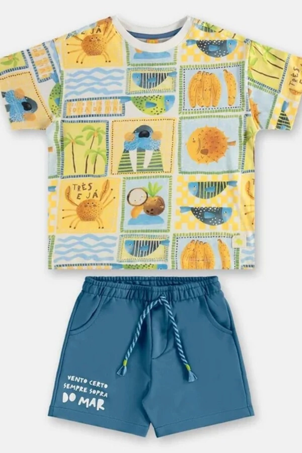 Conjunto camiseta malha e bermuda moletom Três e Já