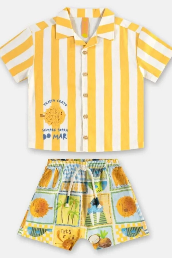 Conjunto camisa e bermuda em viscolinho Três e Já