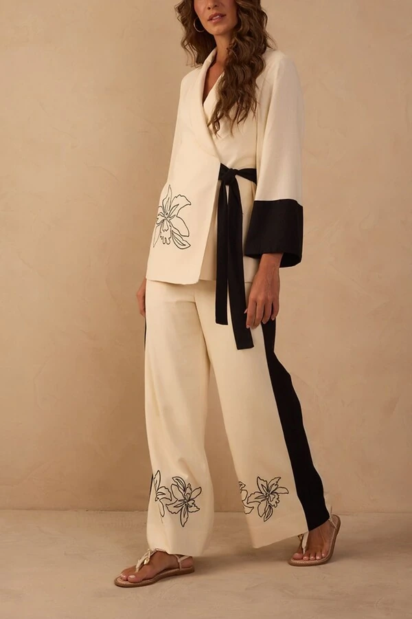 Kimono linho bordado floral Dress to