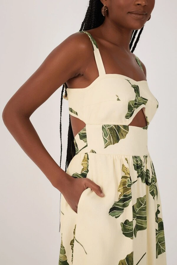 Vestido midi linho estampa folhar Dress to