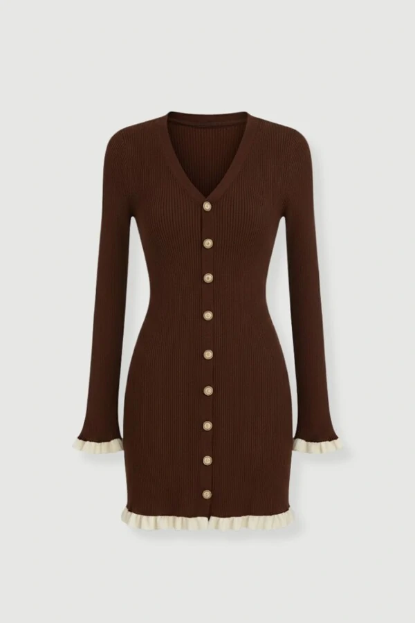 Vestido evasê em tricot canelado e botões frontais Kwi