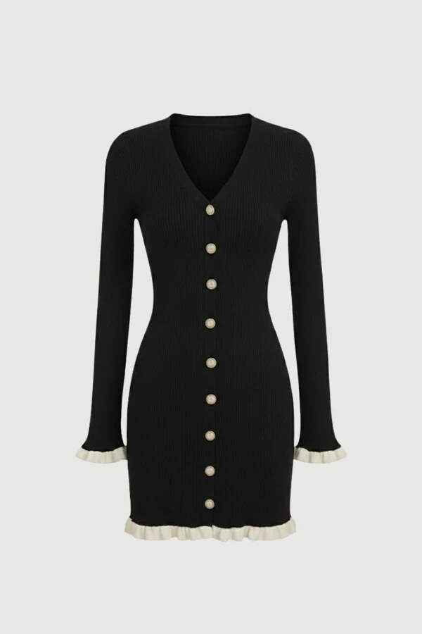 Vestido evasê em tricot canelado e botões frontais Kwi